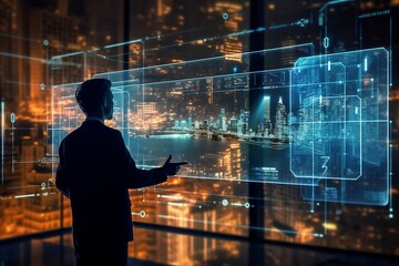 Business people using ai technology, analyzing with digital virtual graphics, transformation change management, new technology, big data,  perspectives of fractal realms, generative ai