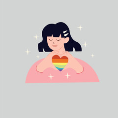 girl and flags with an LGBT rainbow and a transgender flag during the celebration of the month of pride against violence, descriptions, human rights violations. Equality and self-affir