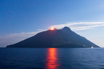 Stairway to the Volcano as seen by the reflection of a volcanic eruption from the Stromboli Volcano...