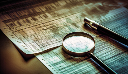 business and finance a magnifying glass with graphs in background