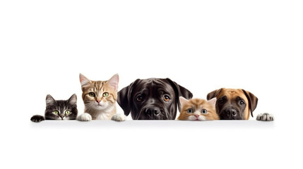 Dogs and cats peeking over web banner isolated white background. Al generated