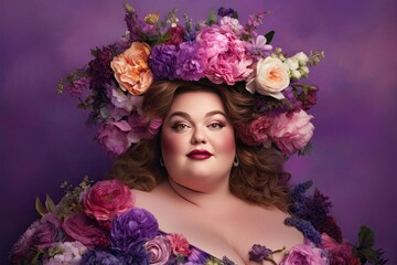 Portrait of Beautiful Full Figured Woman in Purple with Flowers (Generative AI)