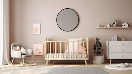 Modern minimalist nursery room in scandinavian style. Generative Ai