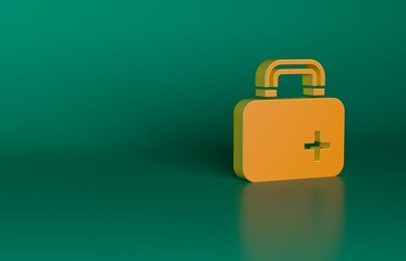 Orange First aid kit icon isolated on green background. Medical box with cross. Medical equipment for emergency. Healthcare concept. Minimalism concept. 3D render illustration