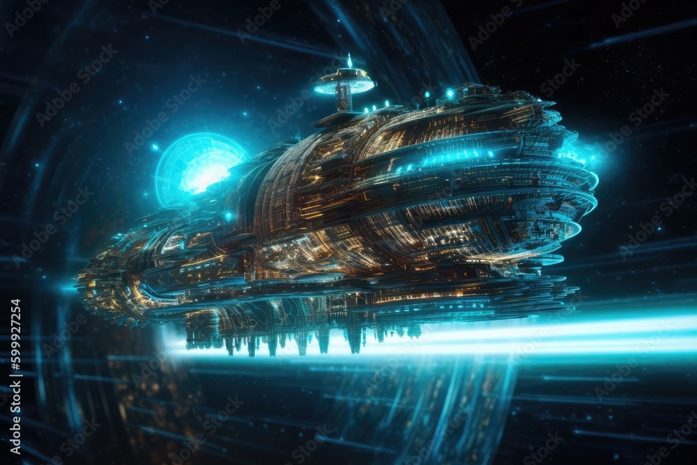 Poster gigantic spaceship travel into a quantum world. distinct generative ai image.