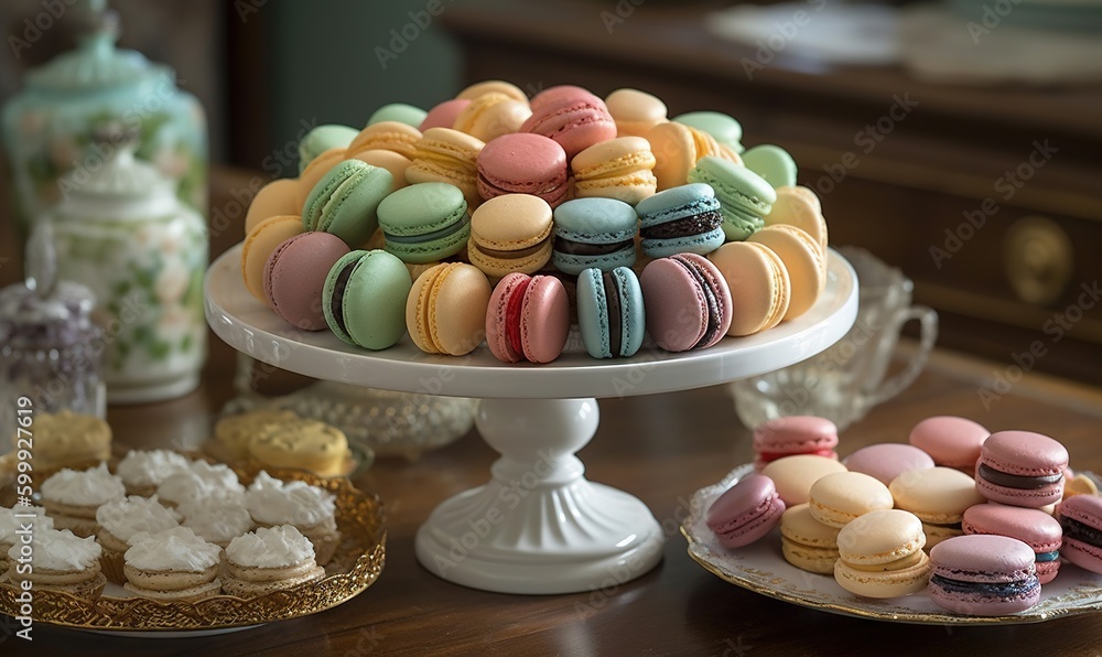 Poster a table topped with a cake covered in macaroons. generative ai