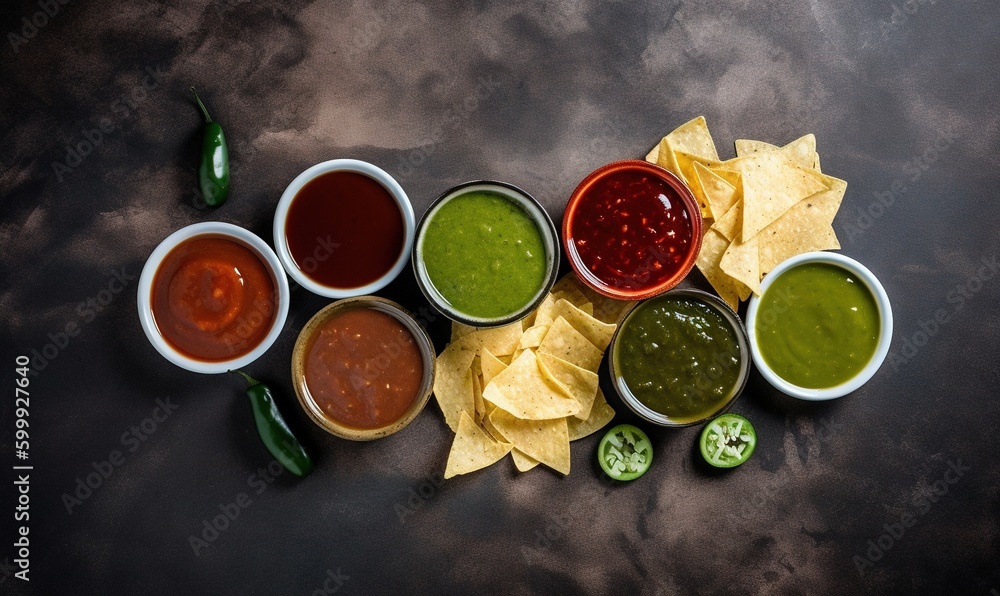 Poster a group of different kinds of salsa in small bowls with chips. generative ai