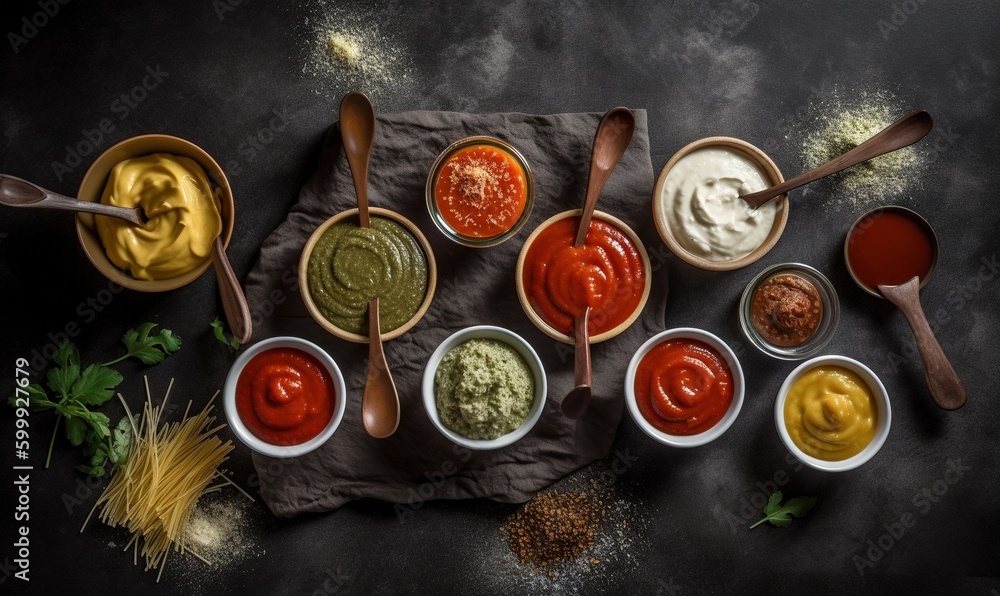 Poster  a table topped with bowls filled with different types of sauces.  generative ai