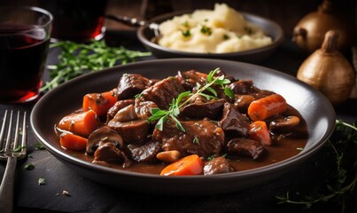  a plate of beef stew with carrots, potatoes and parsley.  generative ai