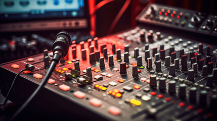 Professional microphone and sound mixer in radio station studio. Generative Ai
