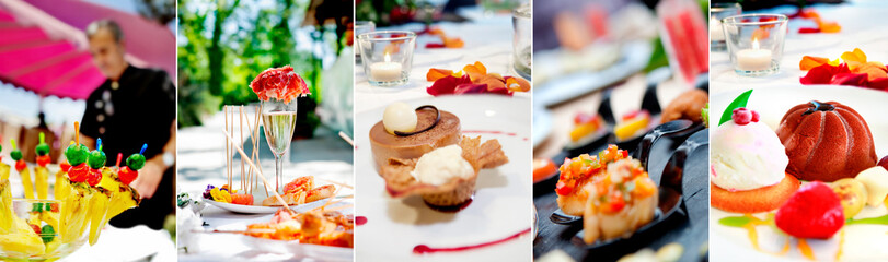 Conjunto de snacks y aperitivos para buffet en exterior. Collage de fotos, concepto de banner para...