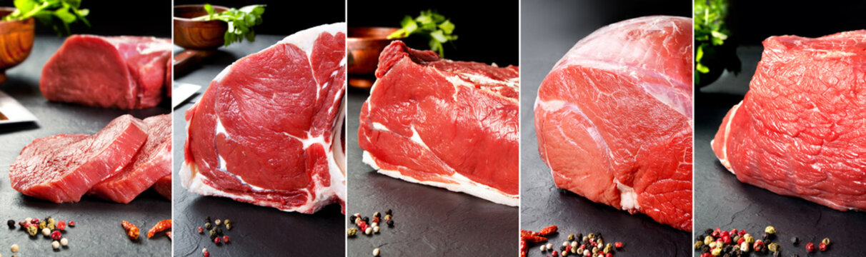 Conjunto de diferentes carnes crudas y frescas sobre fondo de piedra negro.Collage de fotos, concepto de banner para carnicer&iacute;a.