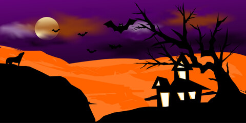 halloween theme background with house and howling wolf