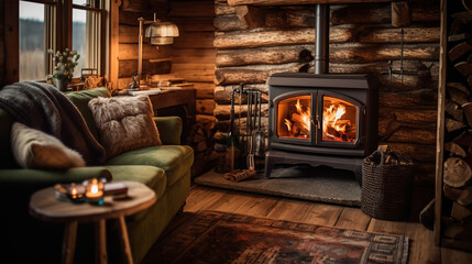 Fototapeta na wymiar A rustic cabin-inspired room with a cozy fireplace and log cabin walls. AI generated