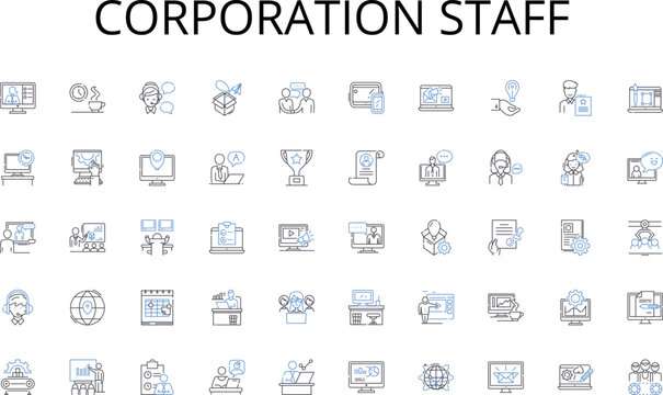 Corporation staff line icons collection. Aisles, Carts, Checkout, Deli, Fresh, Freezer, Groceries vector and linear illustration. Organic,Produce,Sale outline signs set