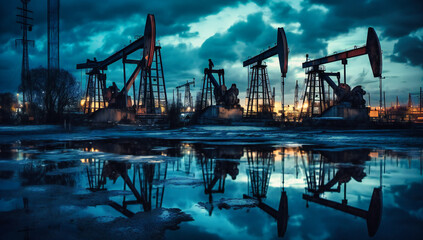 oil pumps standing in a shallow body of water