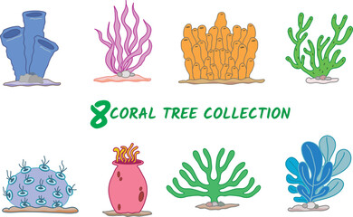 Set of tropical coral plants reef elements illustration cute isolated
