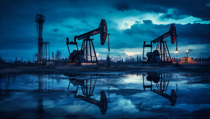 oil pumps standing in a shallow body of water