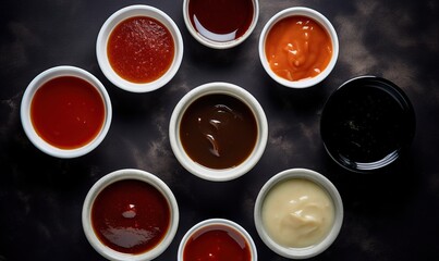  a group of sauces sitting on top of a table.  generative ai