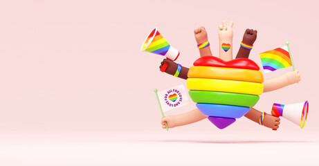 Pride festive banner background with a rainbow heart, hands and copy space for LGBTQIA+ Pride month, sexuality freedom, love diversity celebration and the fight for human rights in 3D illustration