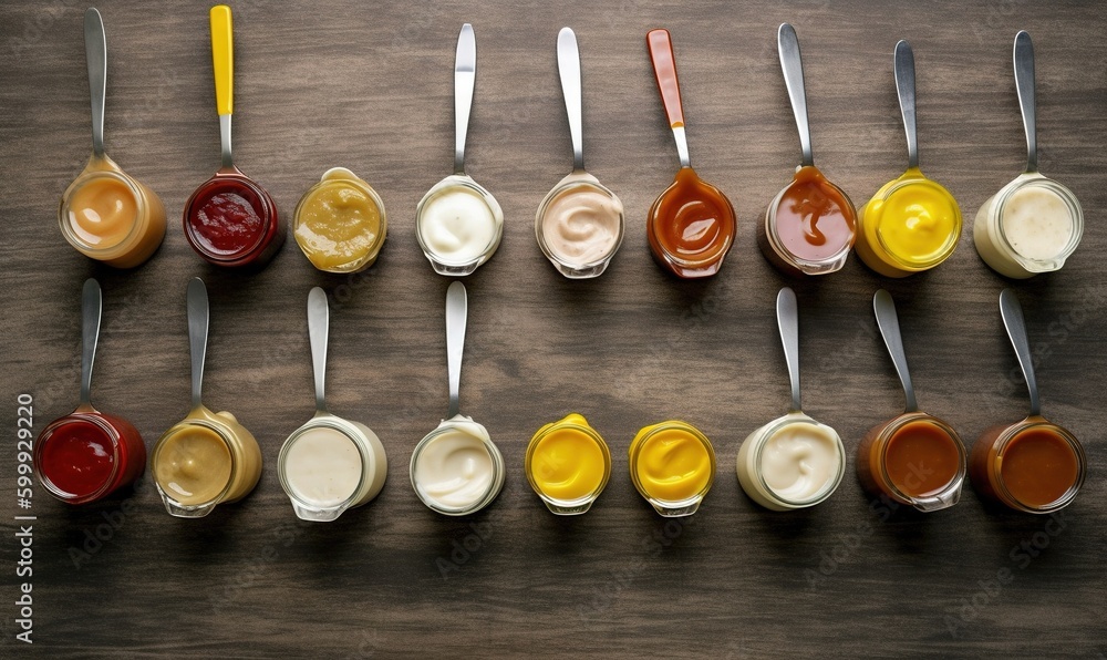 Poster a number of spoons with different sauces in them. generative ai