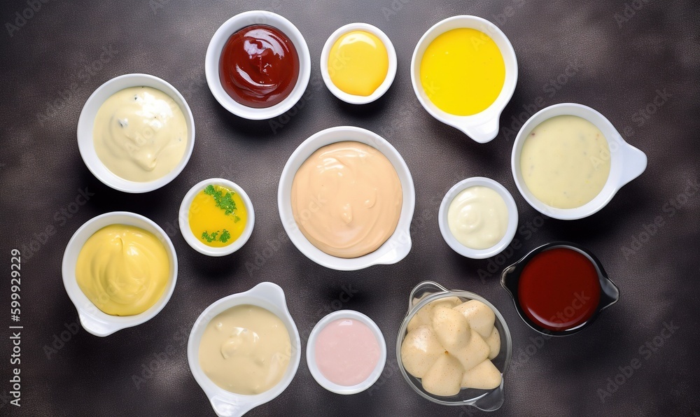 Poster a table topped with bowls filled with different types of sauces. generative ai