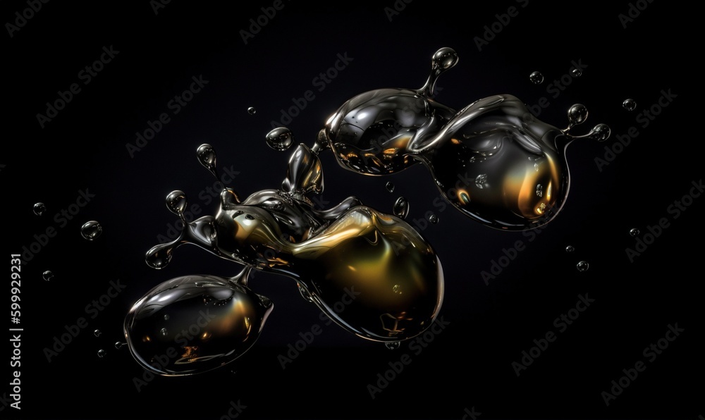 Poster a group of bubbles floating on top of a black surface. generative ai