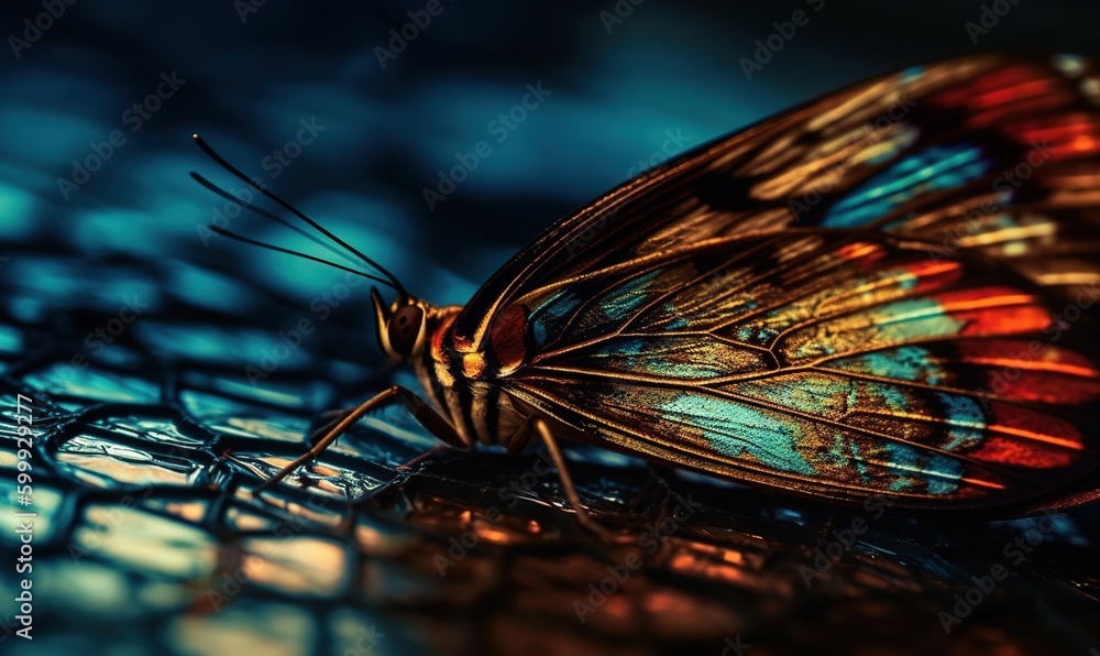 Poster a close up of a colorful butterfly on a laptop keyboard. generative ai