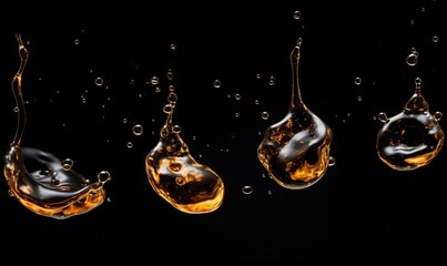  three drops of liquid are shown in the dark, with a black background.  generative ai
