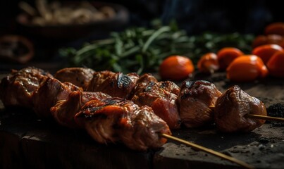  a close up of meat on skewers with oranges in the background.  generative ai