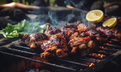  a close up of chicken on a grill with lemons.  generative ai