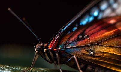 Fototapeta na wymiar a close up of a colorful butterfly on a green leaf. generative ai