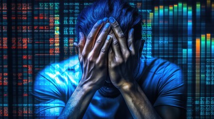 Fototapeta na wymiar Upset businessman covering face after the loss in stock trading, businessman coving face after loss, Cryptocurrency Trading loss, frustrated on Business Loss, depressed on losing money on trading