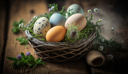 Obraz na płótnie Canvas Eggs in basket decorated with boxwood on wooden boards, easter concept, generative ai