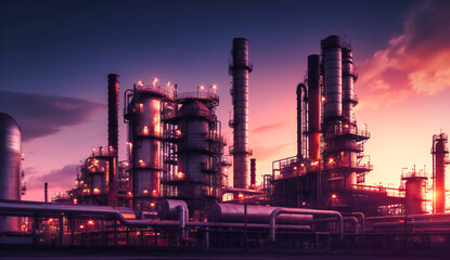 Fototapeta premium industrial factory at sunset with pipes and smoke