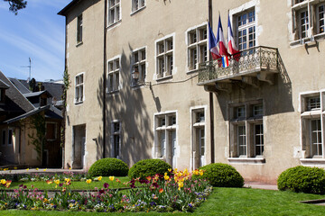 Fototapeta na wymiar facade building of Hotel de ville Aix-les-bains town Auvergne-Rhône-Alpes region France