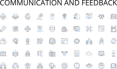 Communication and feedback line icons collection. Bitcoin, Ethereum, Blockchain, Altcoins, Wallet, Decentralization, Exchange vector and linear illustration. HODL,Mining,Market outline signs set