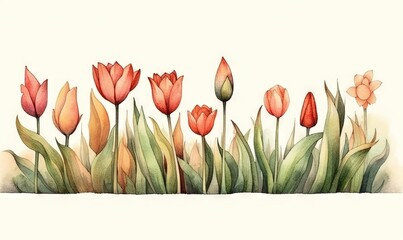  a watercolor painting of a row of tulips.  generative ai