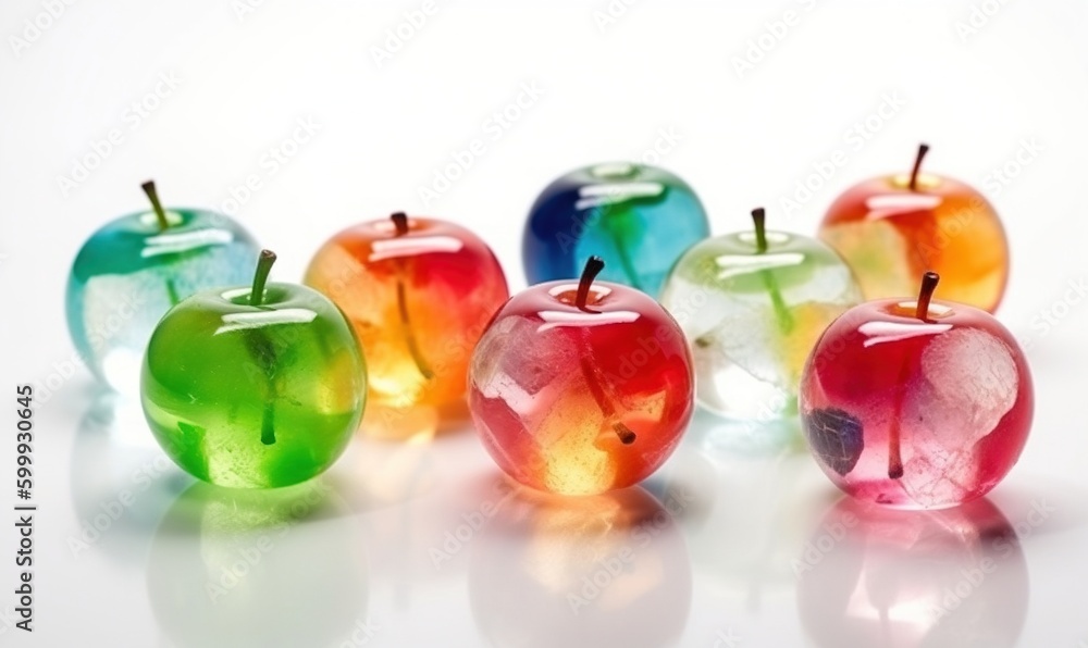 Poster a group of colorful apples sitting on top of a white table. generative ai