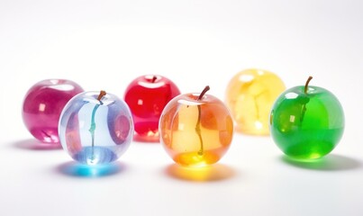  a row of colorful glass apples sitting on top of a white table.  generative ai