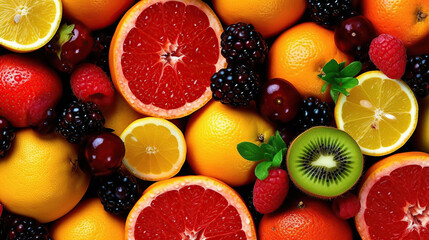 Fototapeta na wymiar Juicy fruits top view background. Generative Ai