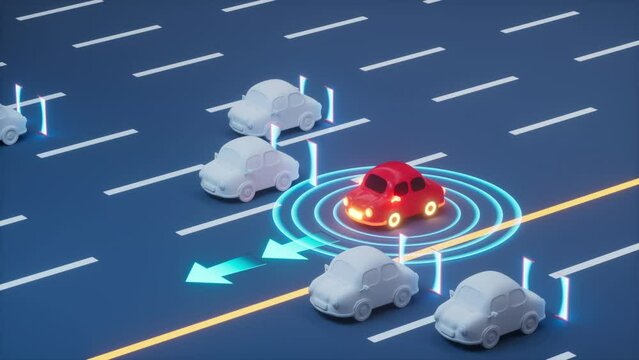 Autonomous Self Driving Car Moving through highway, Autopilot and sensing systems, 3d rendering.