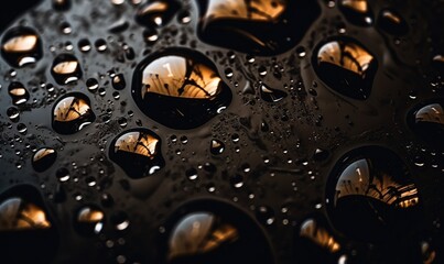  a close up of water droplets on a black surface with a yellow light in the background.  generative ai