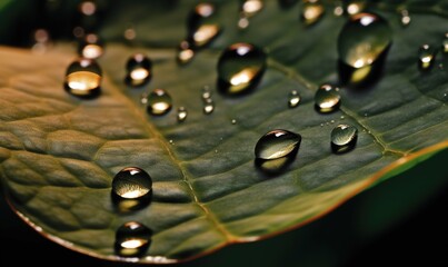  a green leaf with drops of water on it's surface.  generative ai