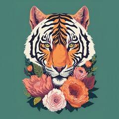 Obraz premium Tiger head. Illustration of a tiger surrounded by colorful flowers.