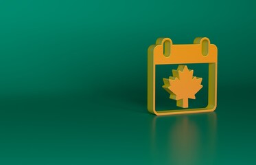 Orange Canada day with maple leaf icon isolated on green background. 1-th of July Independence Day on the calendar with the Canada flag. Minimalism concept. 3D render illustration