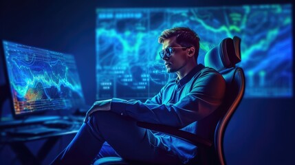 profitable stock trader sitting on his desk, day trader sitting on his desk, stock trader workstation, serious stock trader, cryptocurrency trader, corporate stock trader, wall street trader, 