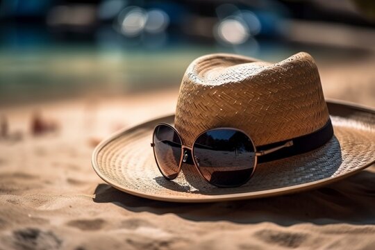 Panama hat and sunglasses on the beach, created with generative AI