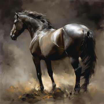 painting of a black horse standing in a field Generative Ai