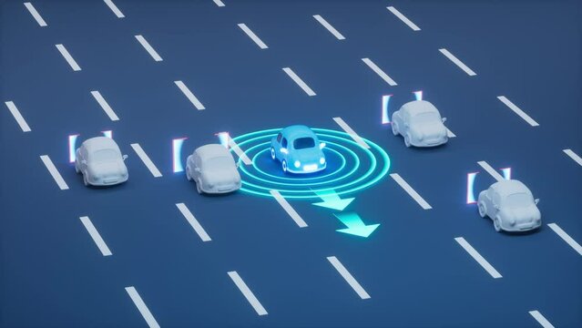 Autonomous Self Driving Car Moving through highway, Autopilot and sensing systems, 3d rendering.